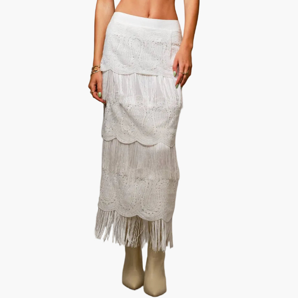 Tiered Western Lace & Fringe Maxi Skirt
