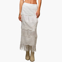 Tiered Western Lace & Fringe Maxi Skirt