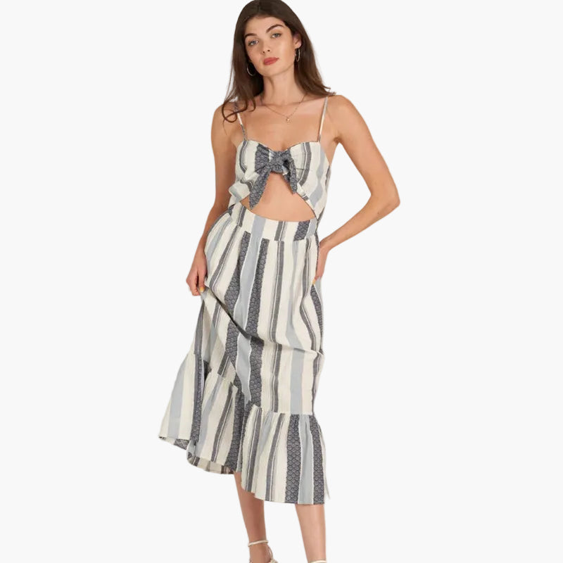 Striped Tie Front Cut-Out Midi Dress