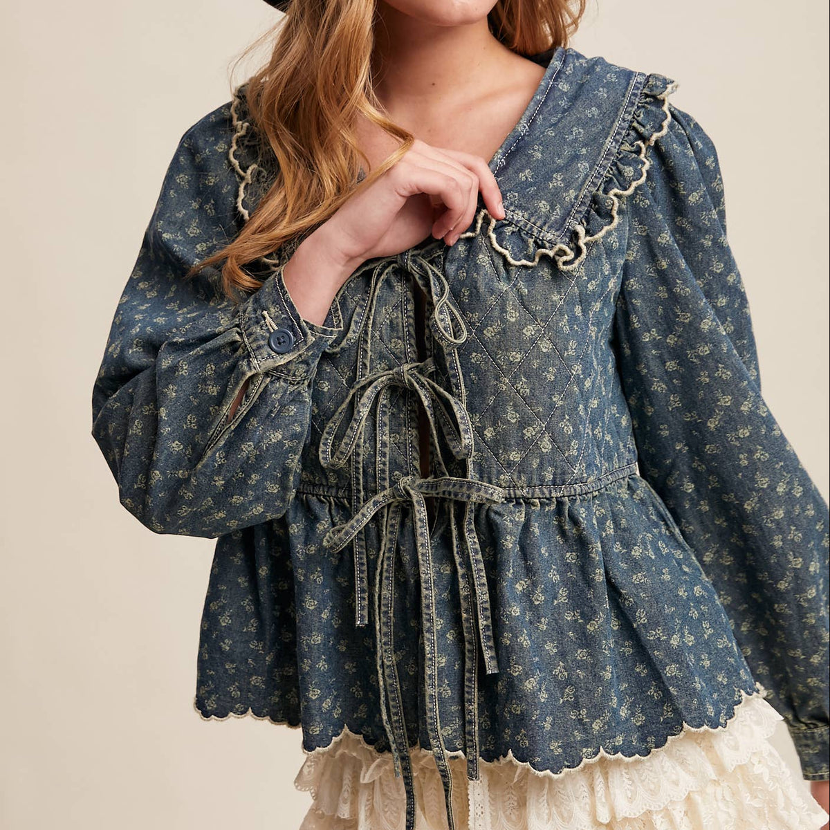 Ruffle Collar Tie-Front Denim Blouse