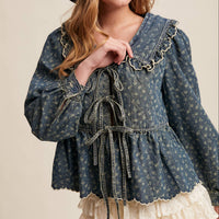 Ruffle Collar Tie-Front Denim Blouse