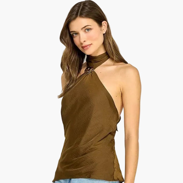 Olive Halter Top With Hardware Detail