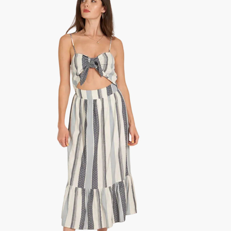 Striped Tie Front Cut-Out Midi Dress