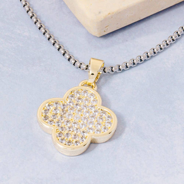 Gold Dipped Two Tone Pave Clover Pendant Necklace