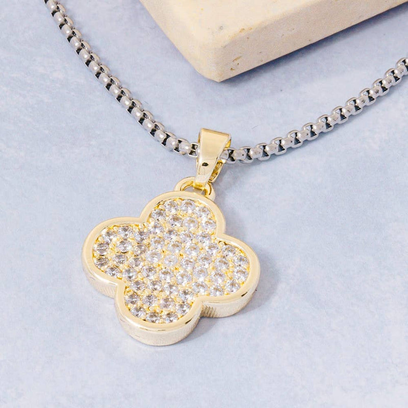 Gold Dipped Two Tone Pave Clover Pendant Necklace