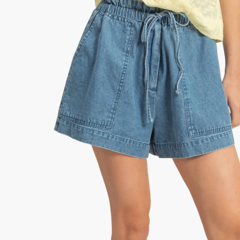 Elastic Waist Patch Pocket Denim Shorts