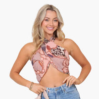 Scarf Print Halter Twist Crop Top