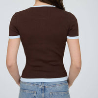 Brown Contrast Trim Short Sleeve Cardigan