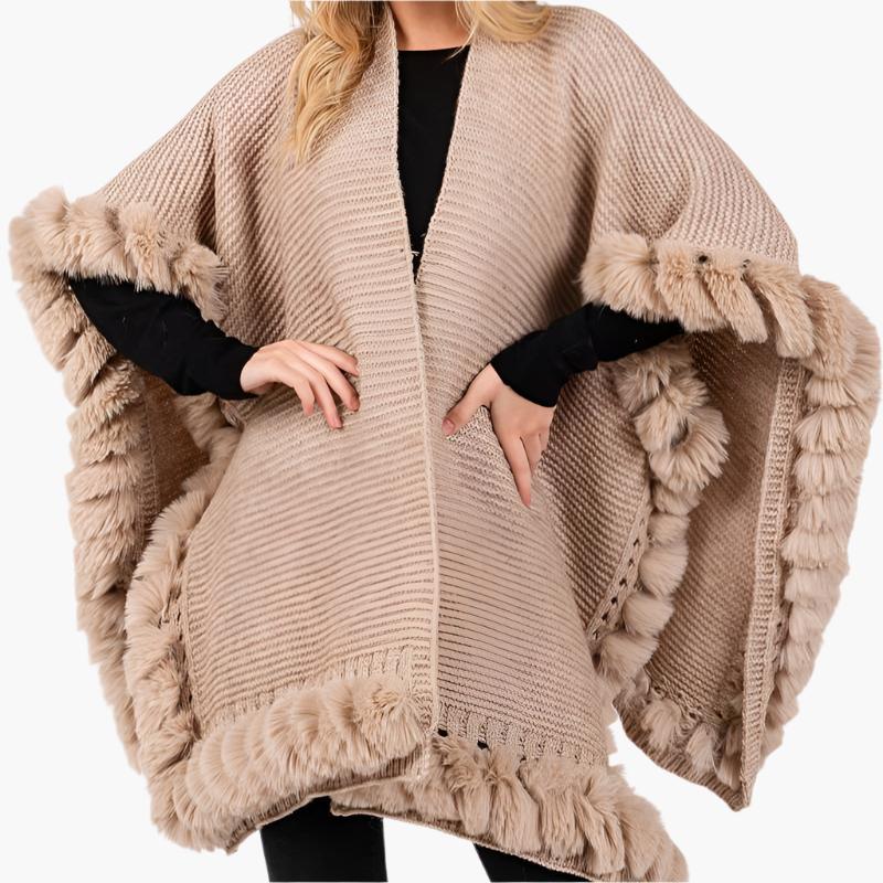 Faux Fur Trim Poncho Cape