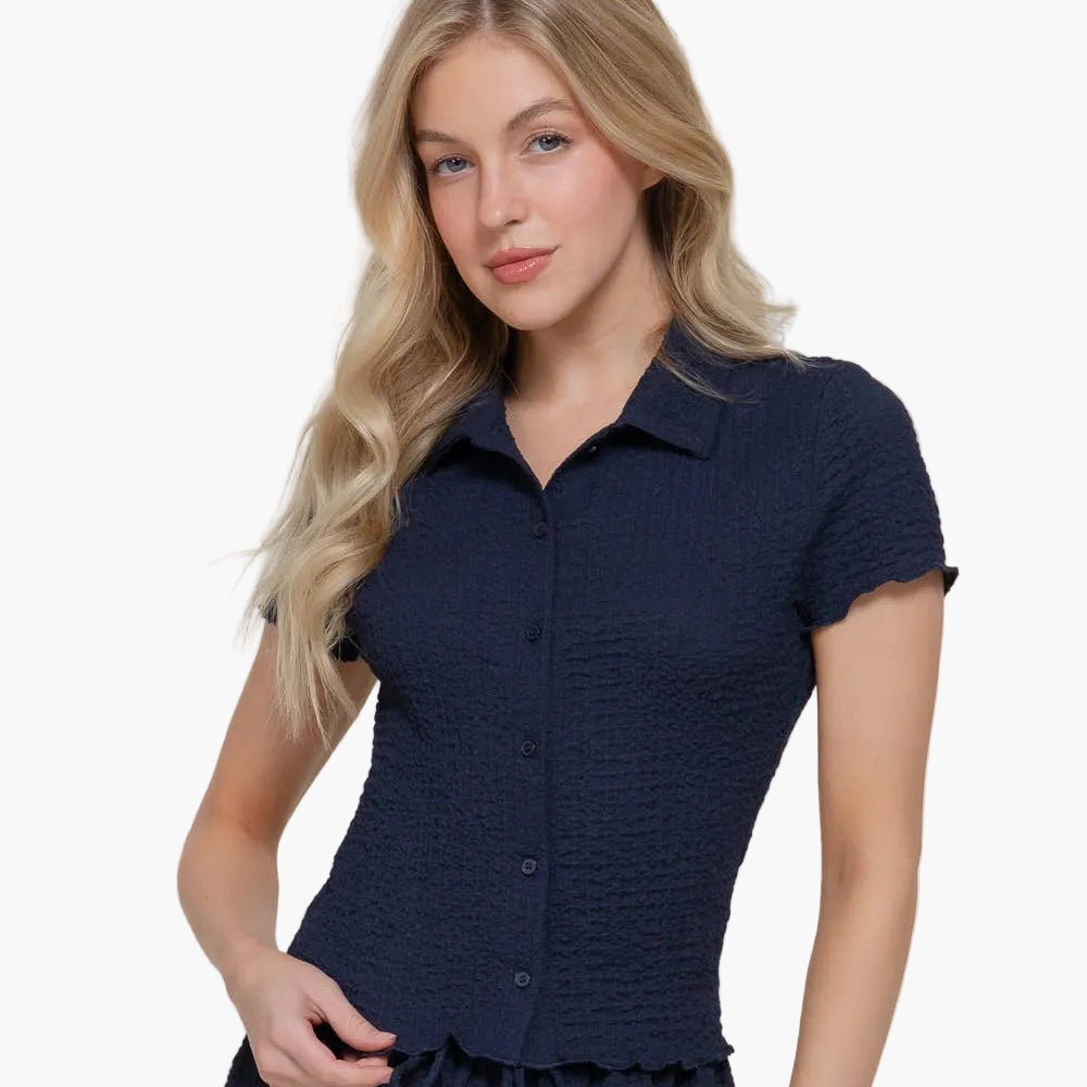 Textured Crinkle Button Down Knit Top