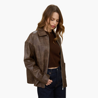 Washed Faux Leather Collared Zip Up Jacket