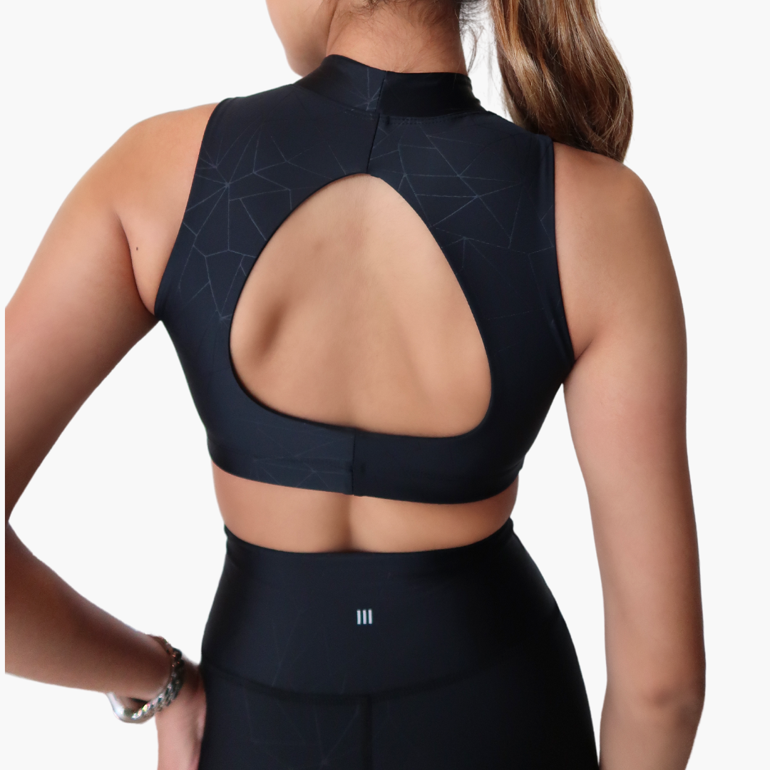 Maria Mock Neck Sports Bra in Geometric Embossed Nylon