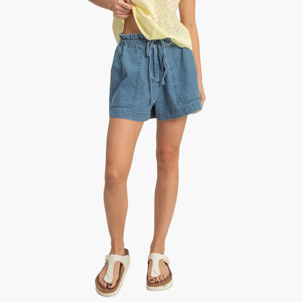 Elastic Waist Patch Pocket Denim Shorts