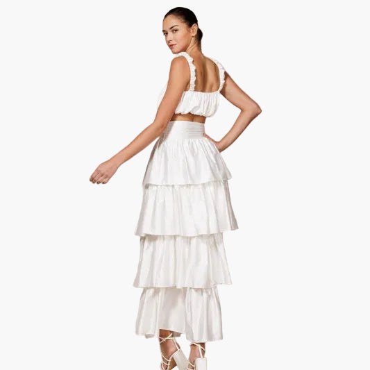 High Waisted Satin Tiered Maxi Skirt