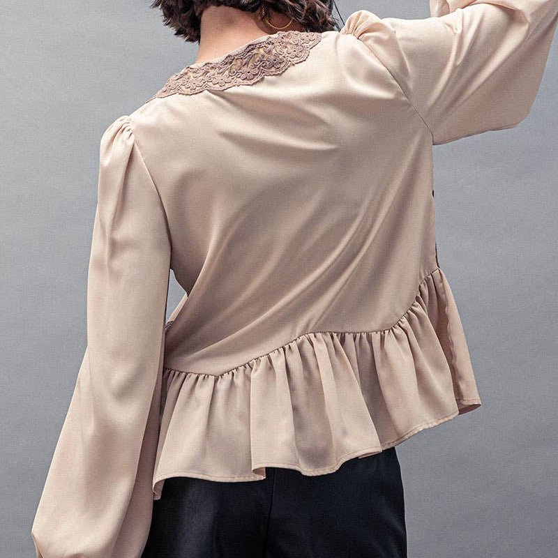 Romantic Lace Trim Tie Front Peplum Blouse