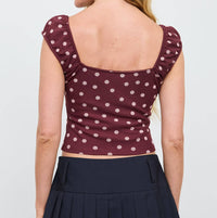 Burgundy Mesh Polka Dot Tie Front Top