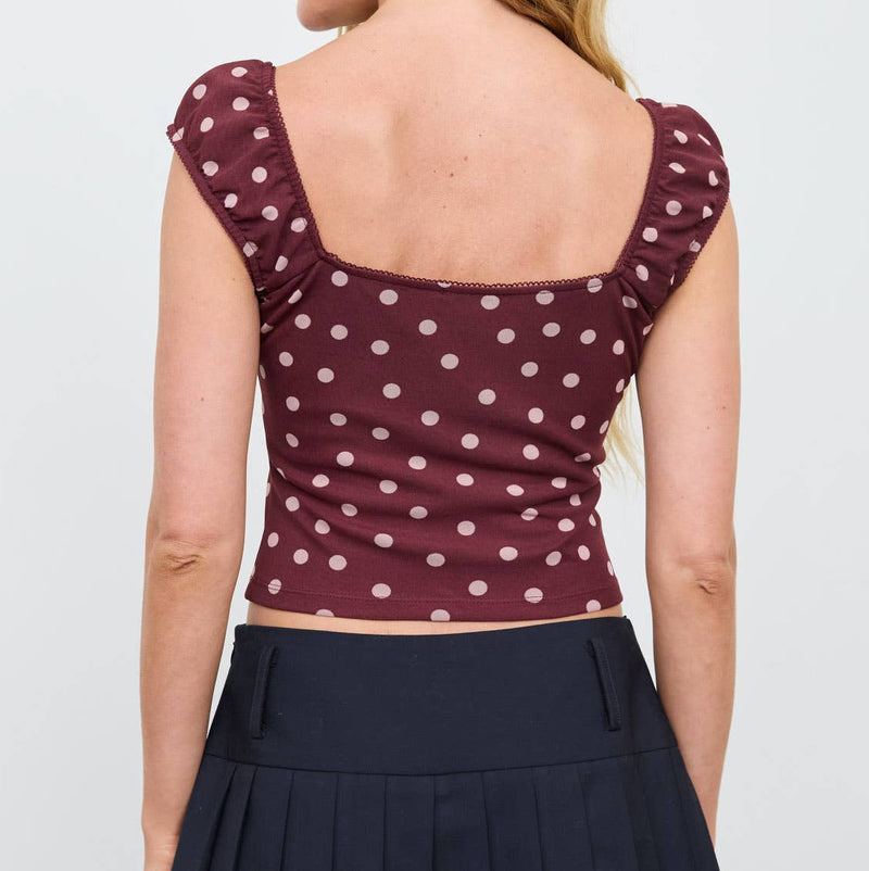 Burgundy Mesh Polka Dot Tie Front Top