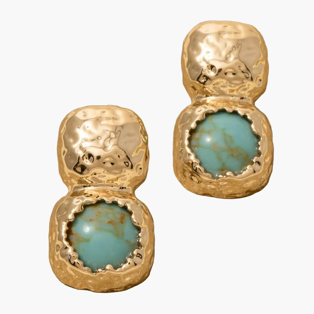 Turquoise Gold Hammered Stone Stud Dangle Earrings
