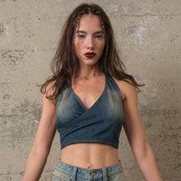 Vintage Wash Denim Halter Neck Top