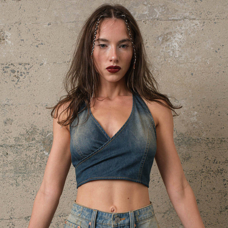 Vintage Wash Denim Halter Neck Top