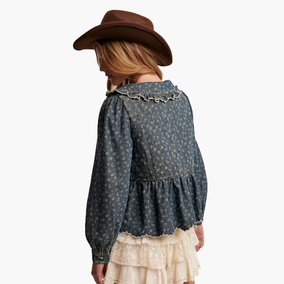 Ruffle Collar Tie-Front Denim Blouse