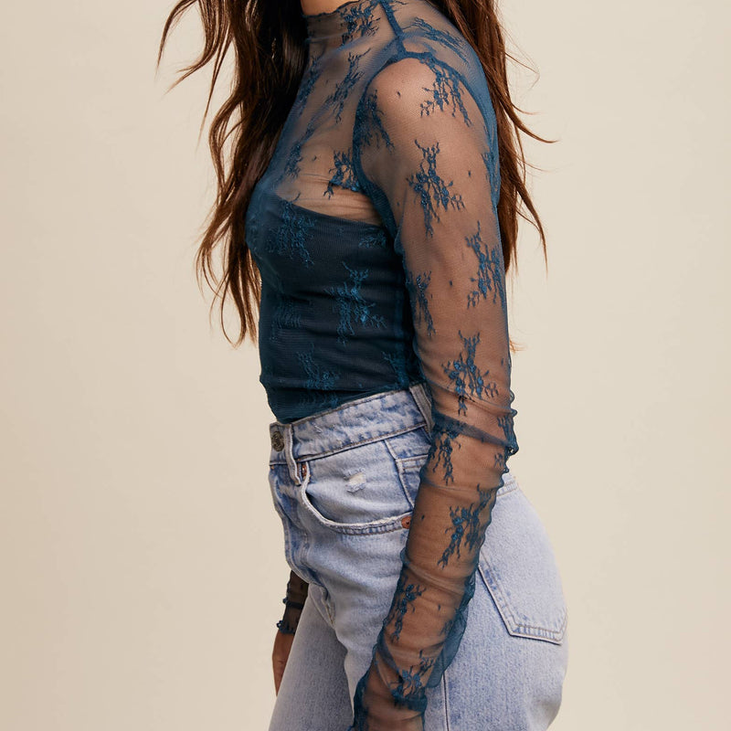 Teal Sheer Lace Long Sleeve Top