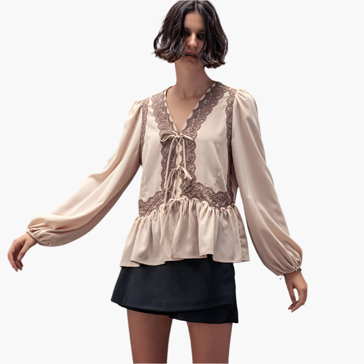 Romantic Lace Trim Tie Front Peplum Blouse