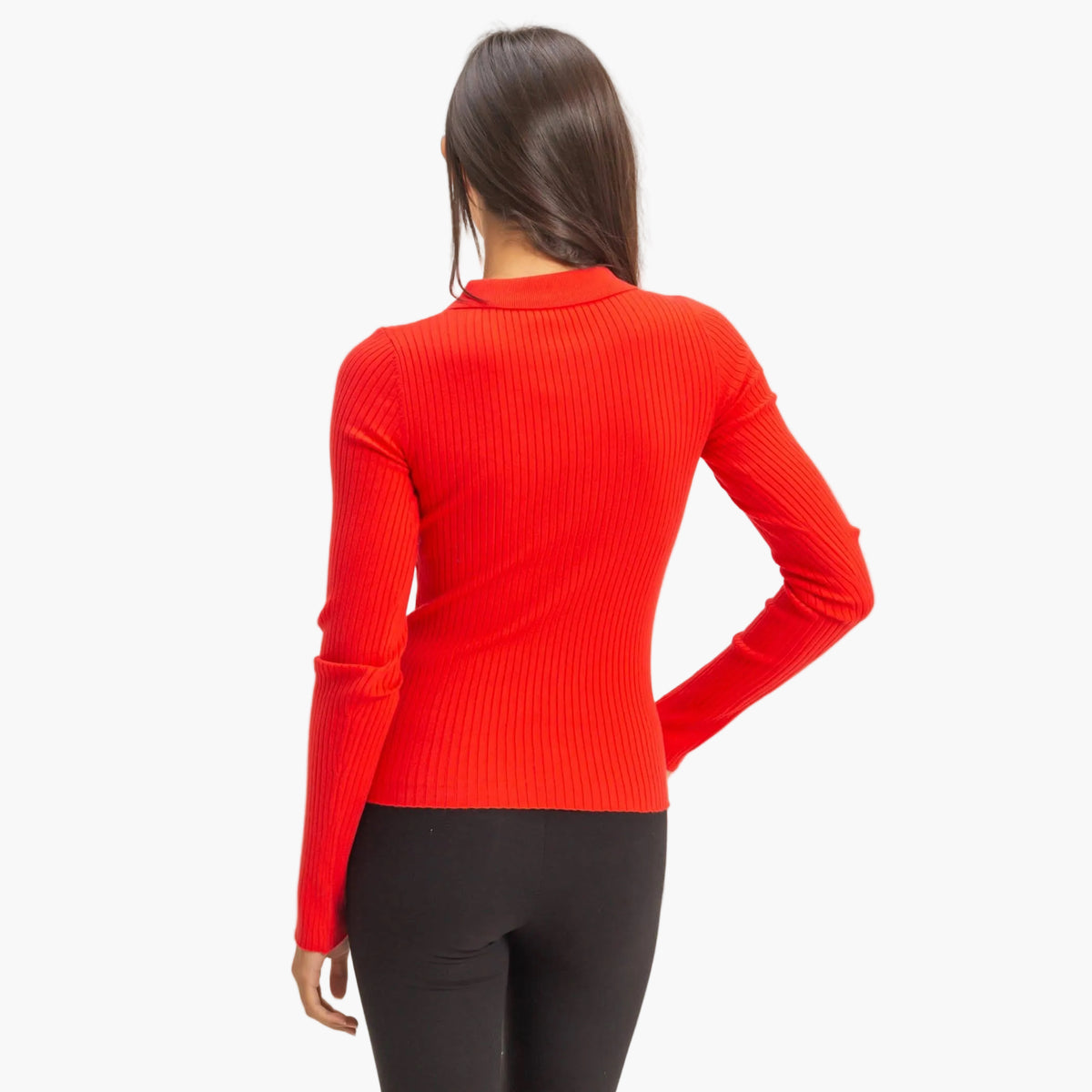 Red Ribbed Collared Button Front Top