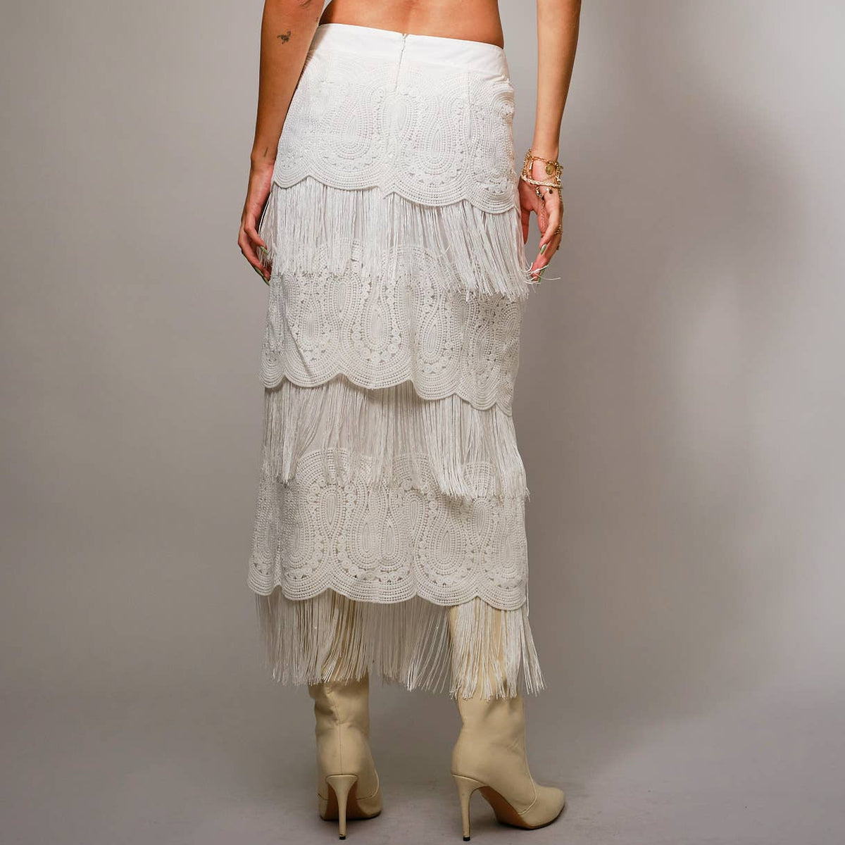 Tiered Western Lace & Fringe Maxi Skirt