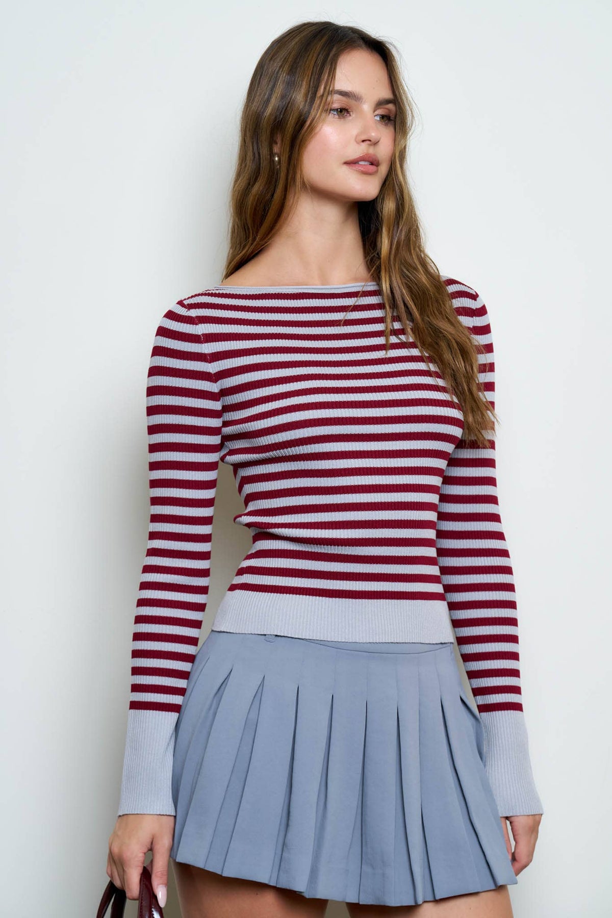 Light Grey Boat Neck Stripe Ribbed Sweater Top