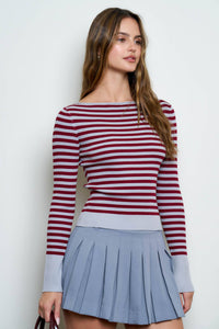 Light Grey Boat Neck Stripe Ribbed Sweater Top