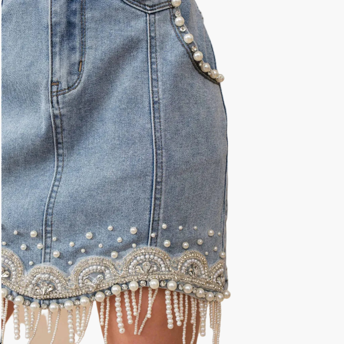 Denim Embellished Fringe Mini Skirt