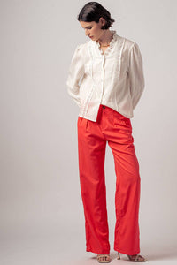 Ruffle Neck Lace Trim Button Down Long Sleeve Blouse