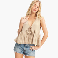 Taupe Lace Trim Tie Front Top