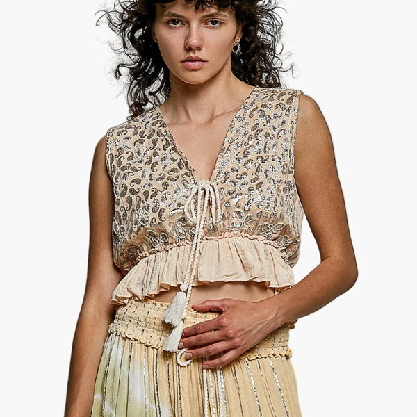 Front Tie Sleeveless Tassel Boho Top