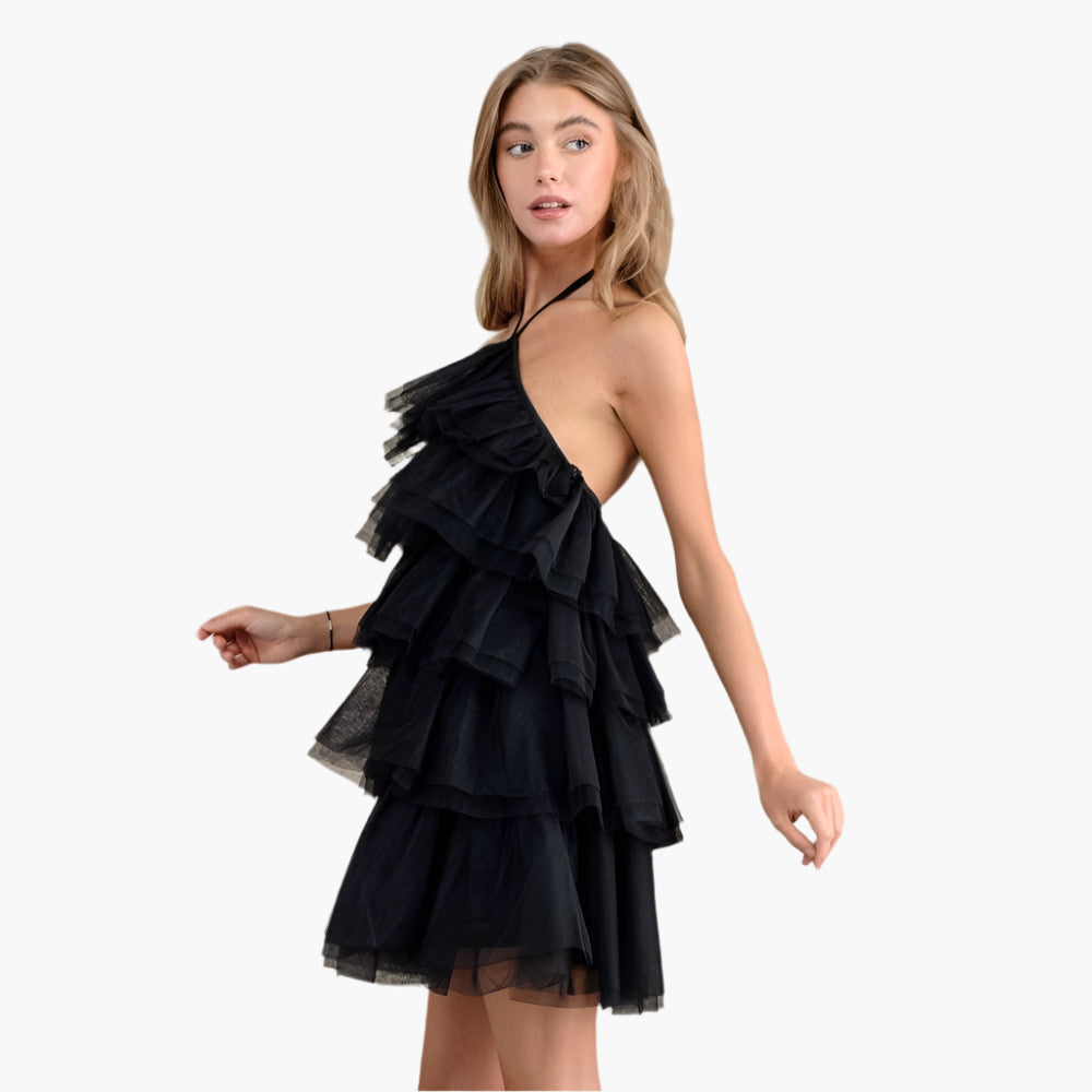 Black Halter Neck Tulle Ruffle Mini Dress – Culture Collective Co