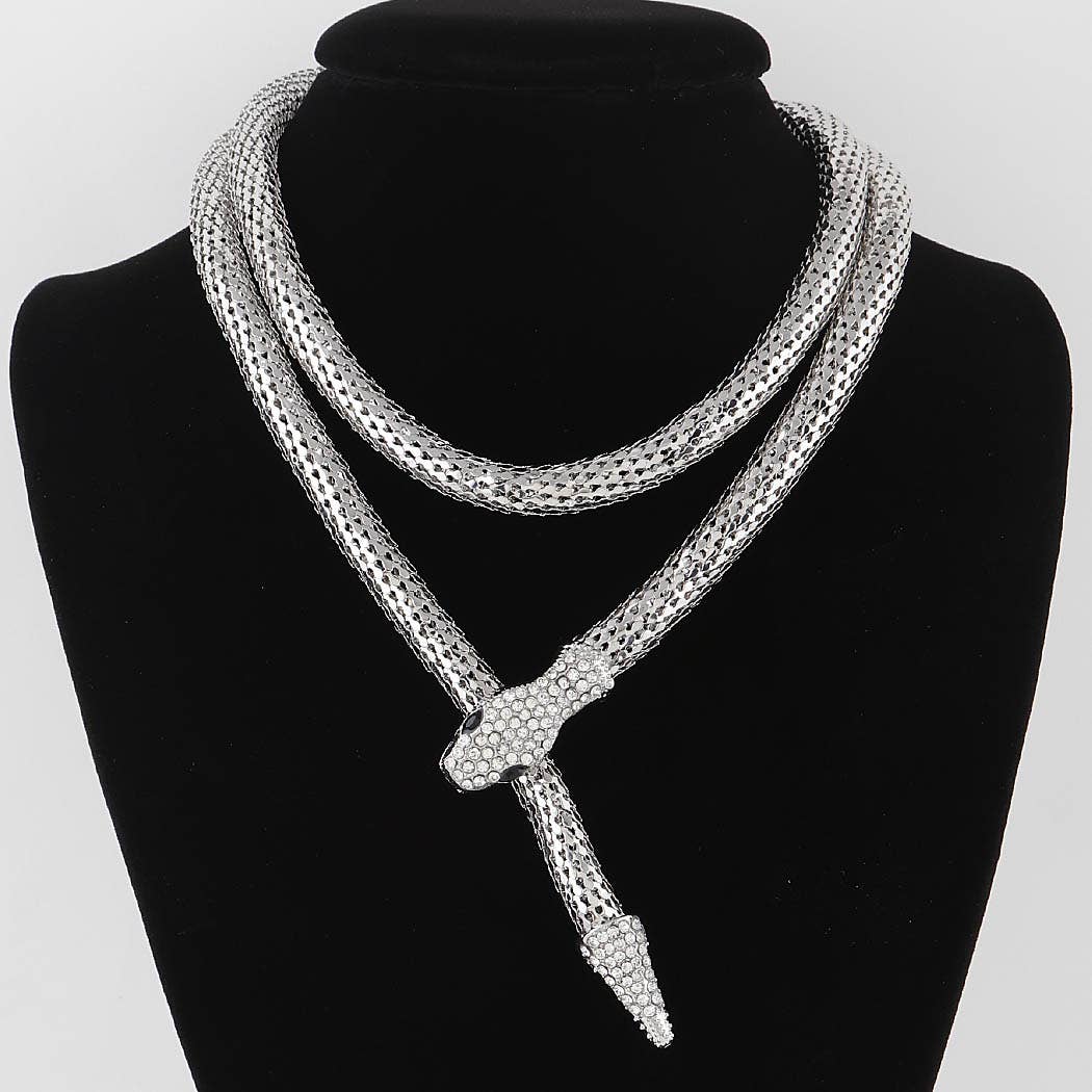 Jeweled Snake Wrap Necklace - Silver
