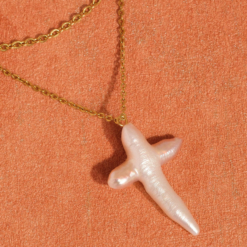 Aurise 18K Gold Plated Non-Tarnish Freshwater Pearl Cross Necklace