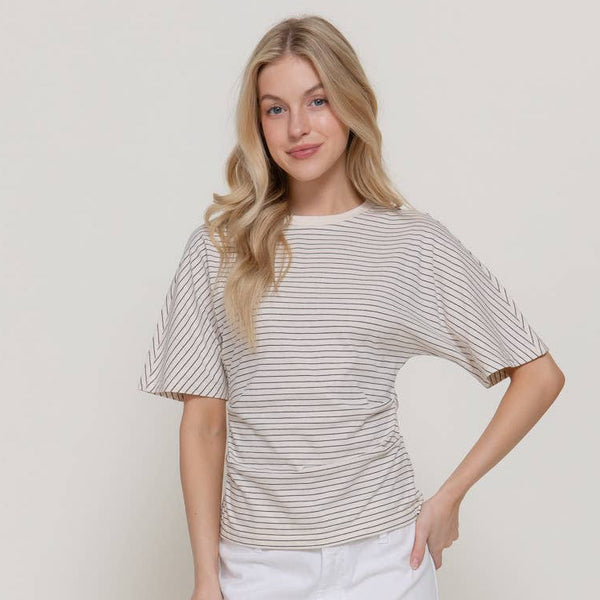 Short Dolman Sleeve Defined Silhouette Stripe Knit Top