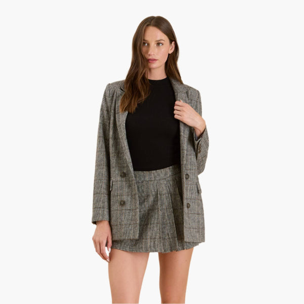 Charcoal Plaid Long Sleeve Blazer