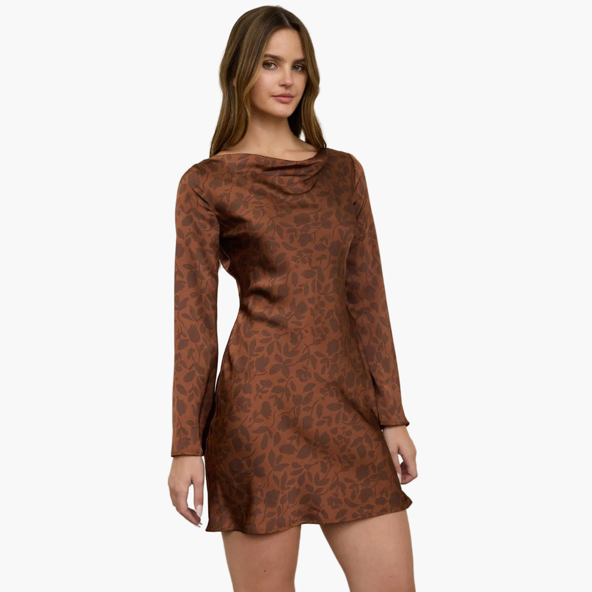 Terracotta Floral Cowl Neck Mini Dress