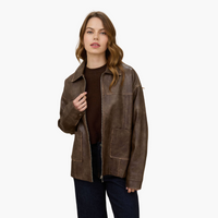 Washed Faux Leather Collared Zip Up Jacket