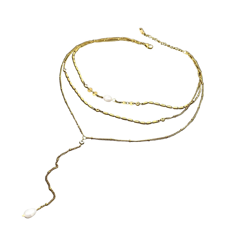 Freshwater Pearl 18K Gold Plated Triple Layer Lariat Necklace