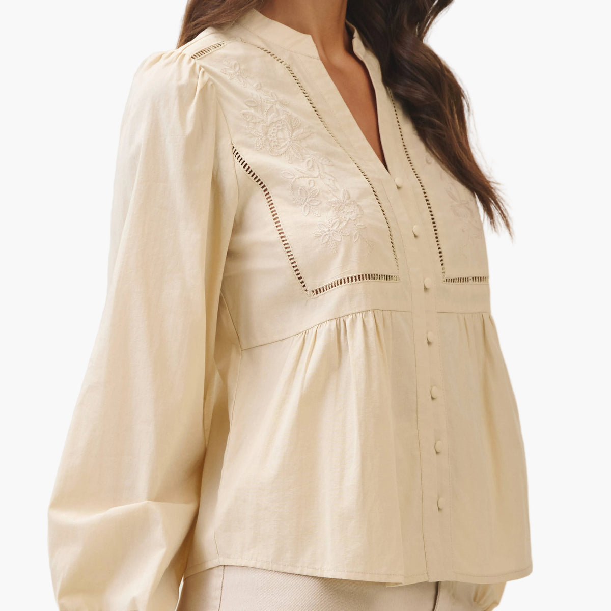 Ecru Embroidered Peasant Cotton Blouse