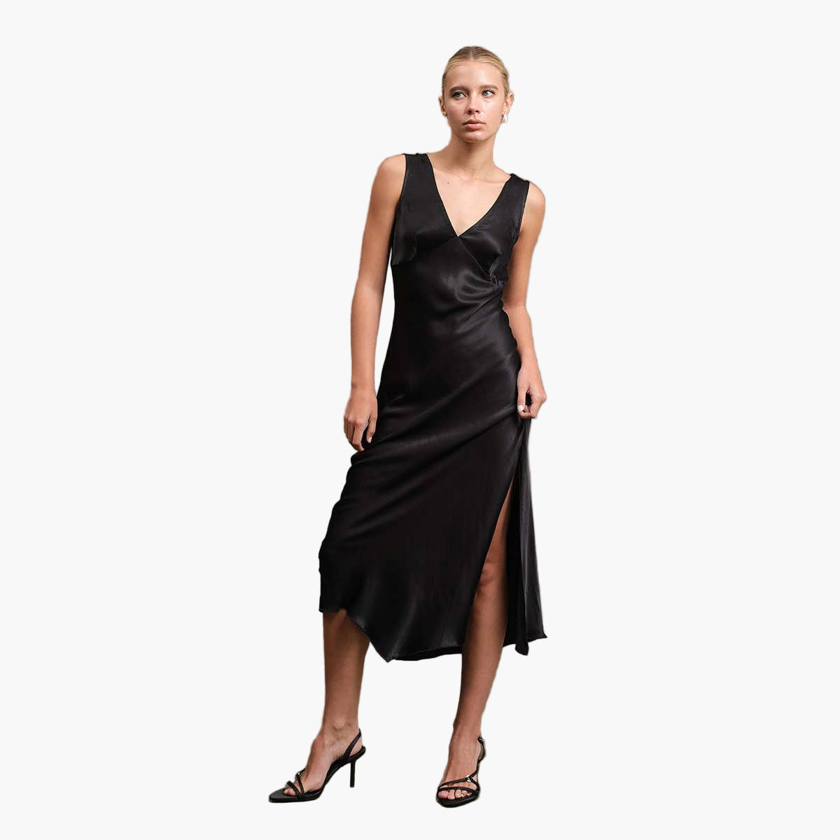Black Side Slit Satin Dress