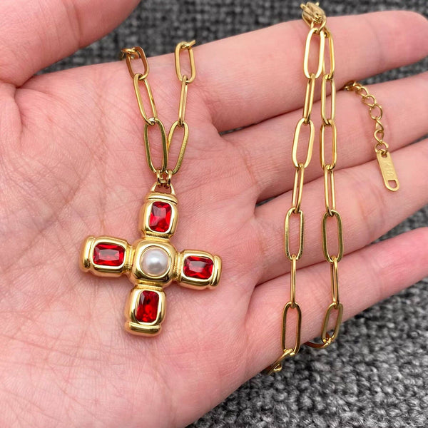 Red Zircon Cross Charm 18K Gold Plated Necklace