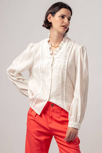 Ruffle Neck Lace Trim Button Down Long Sleeve Blouse