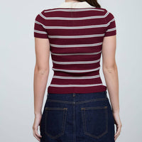 Oxblood Stripe Ribbed Contrast Polo Knit Top