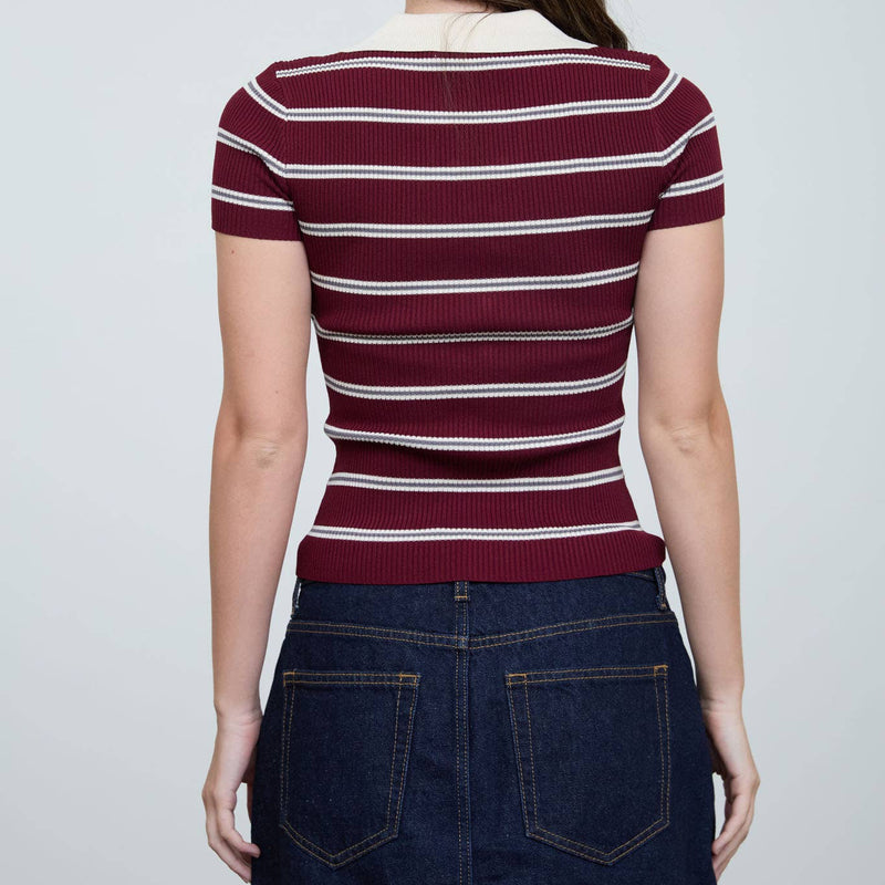 Oxblood Stripe Ribbed Contrast Polo Knit Top