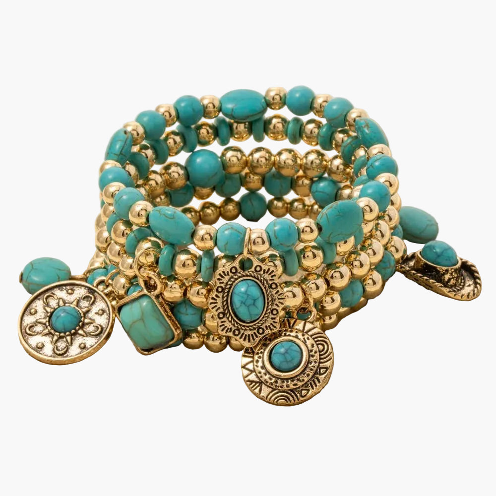 Turquoise Western Charms Gold Beaded Bracelet Set